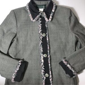Harve Benard Gray Tweed Jacket with Pink and Green Yarn Fringe Trim